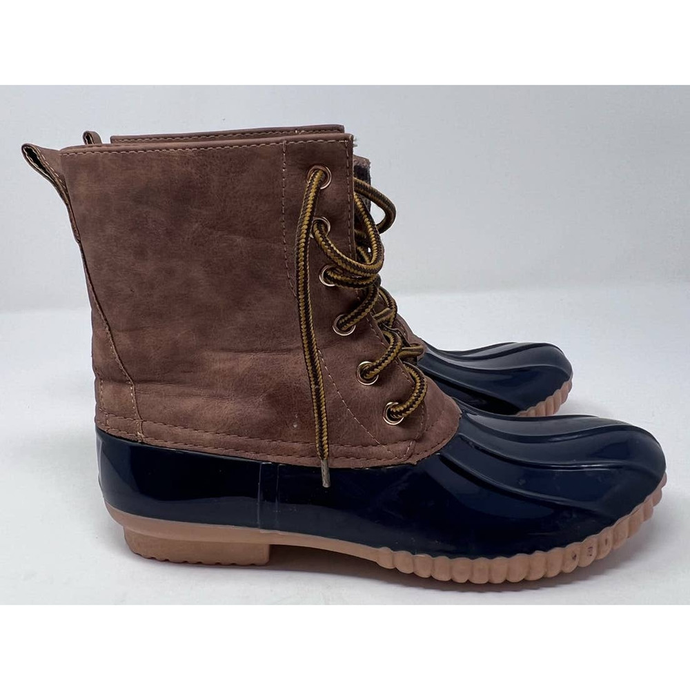 Green Forest Women's Rain Boots Navy Brown Flannel Lining Size 7